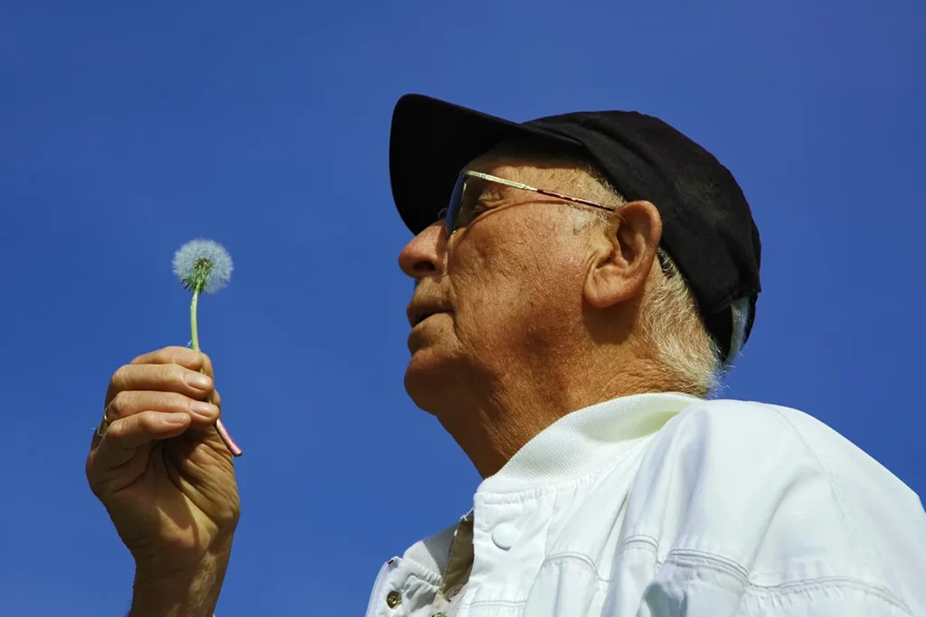 A senior making a wish with a dandelion